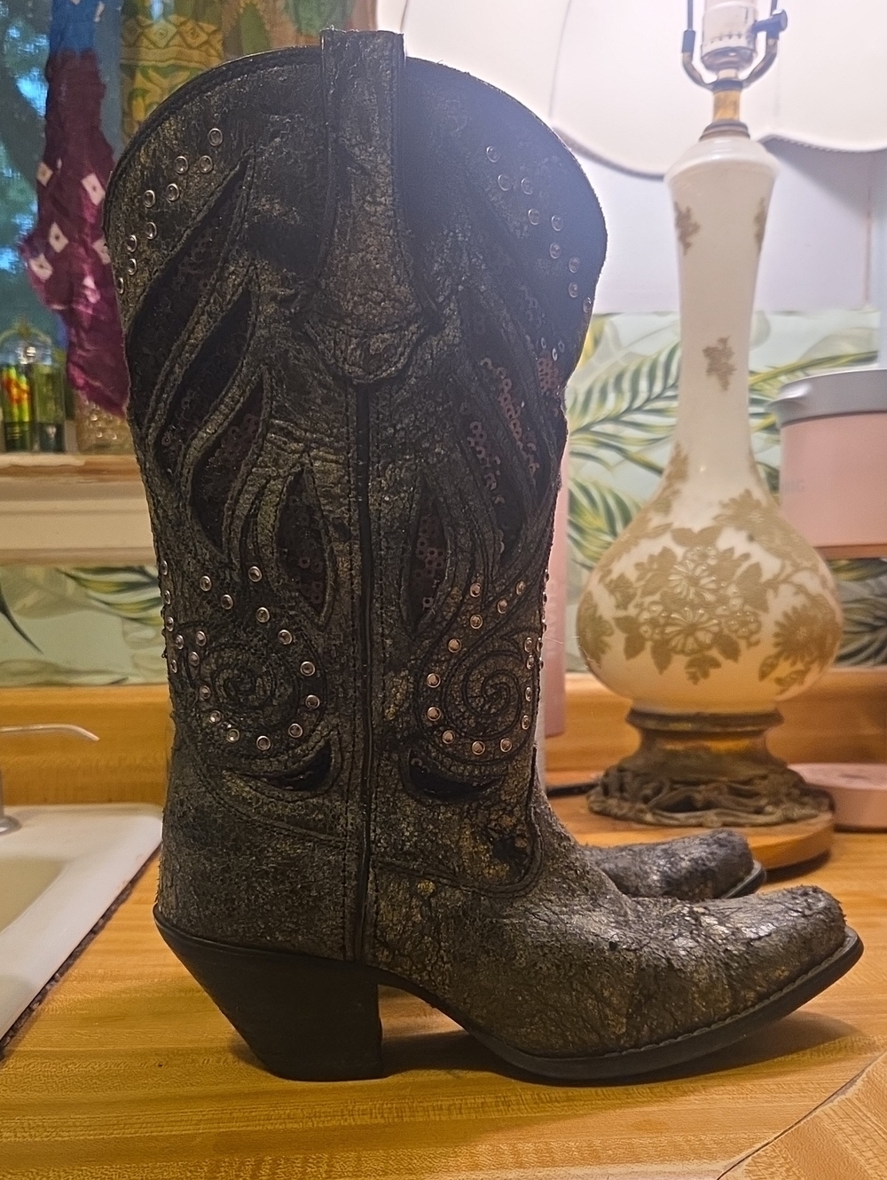 Womens Durango Crush Bling Western Boots Size 7.5 Gray Black Leather
